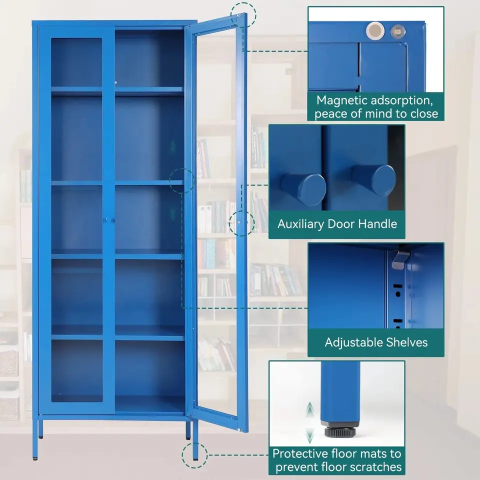 Moderna Metal Metal Home Glass Bookcase Sala de estar Balcón Gabinete de almacenamiento con pies de pie