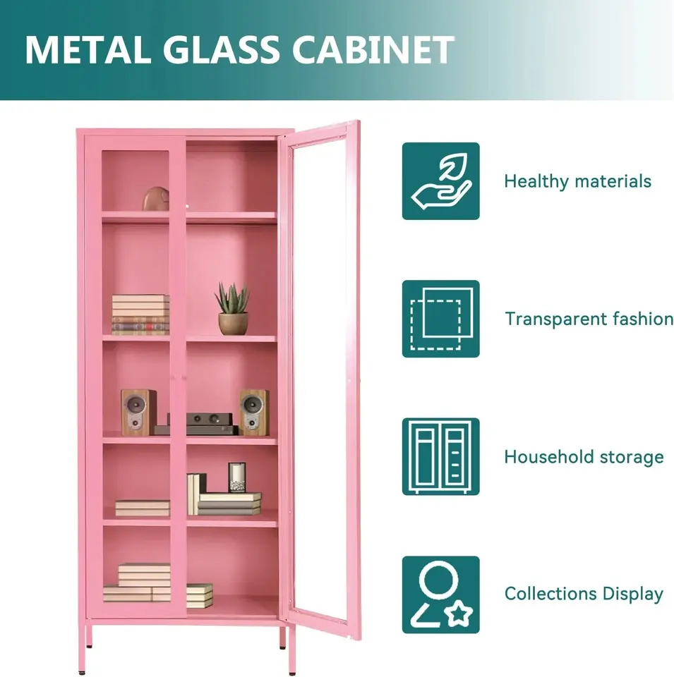 Moderna Metal Metal Home Glass Bookcase Sala de estar Balcón Gabinete de almacenamiento con pies de pie